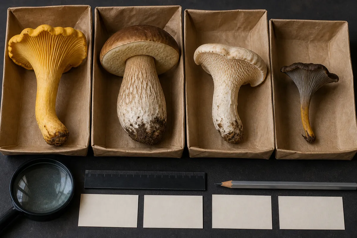 Separated Scandinavian chanterelle, porcini, hedgehog, and funnel chanterelle specimens with field tools