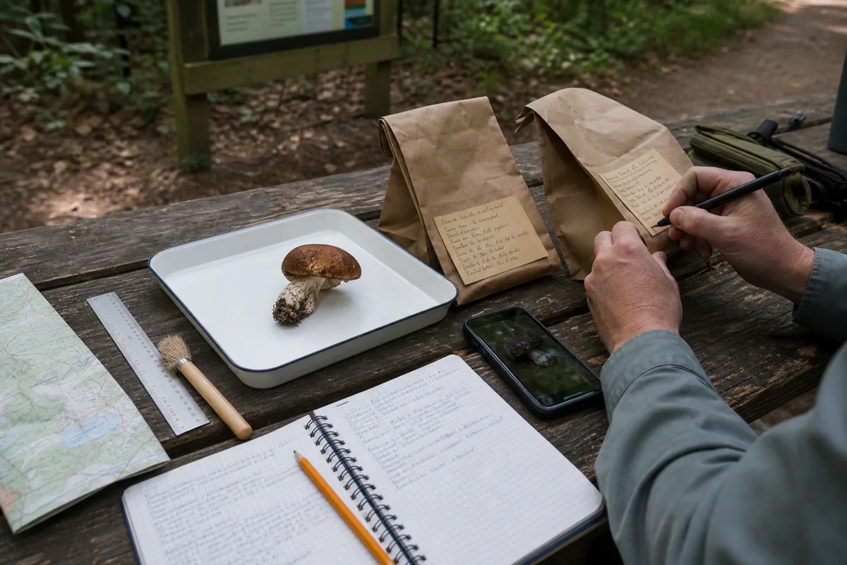 A forager labels separate paper bags beside notes, a ruler, brush, and one intact specimen