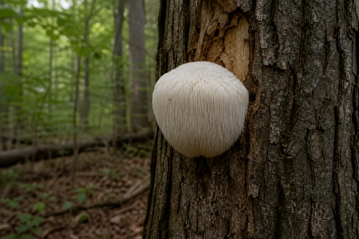 A whole lion's mane mushroom attached at a wound on a southeastern hardwood trunk