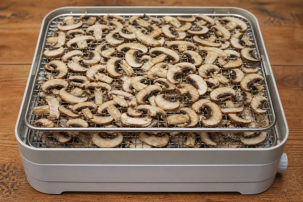 Sliced wild mushrooms spread in a single layer across stacked mesh drying racks with clear air space between the trays
