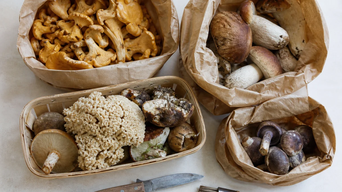A kitchen counter mid-sort with a foraging basket, a brush, a tray of cleaned caps and a hot pan
