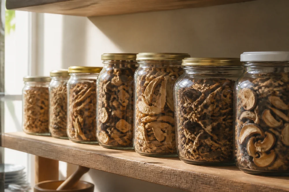 Labeled glass jars of dried wild mushrooms of several species standing on a dark pantry shelf