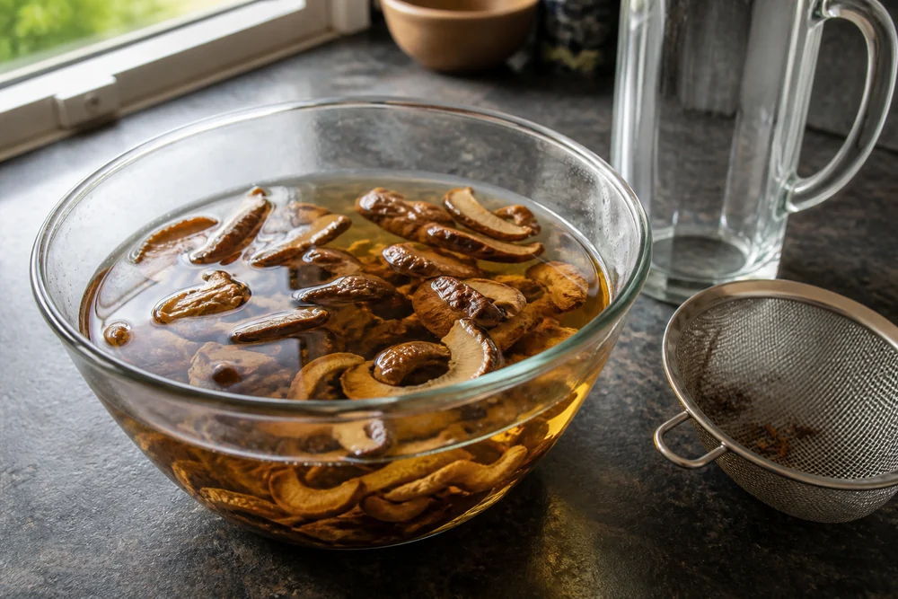 Dried wild mushroom slices swelling in a clear glass bowl of warm water turned deep amber, with a fine sieve and a jug beside the bowl