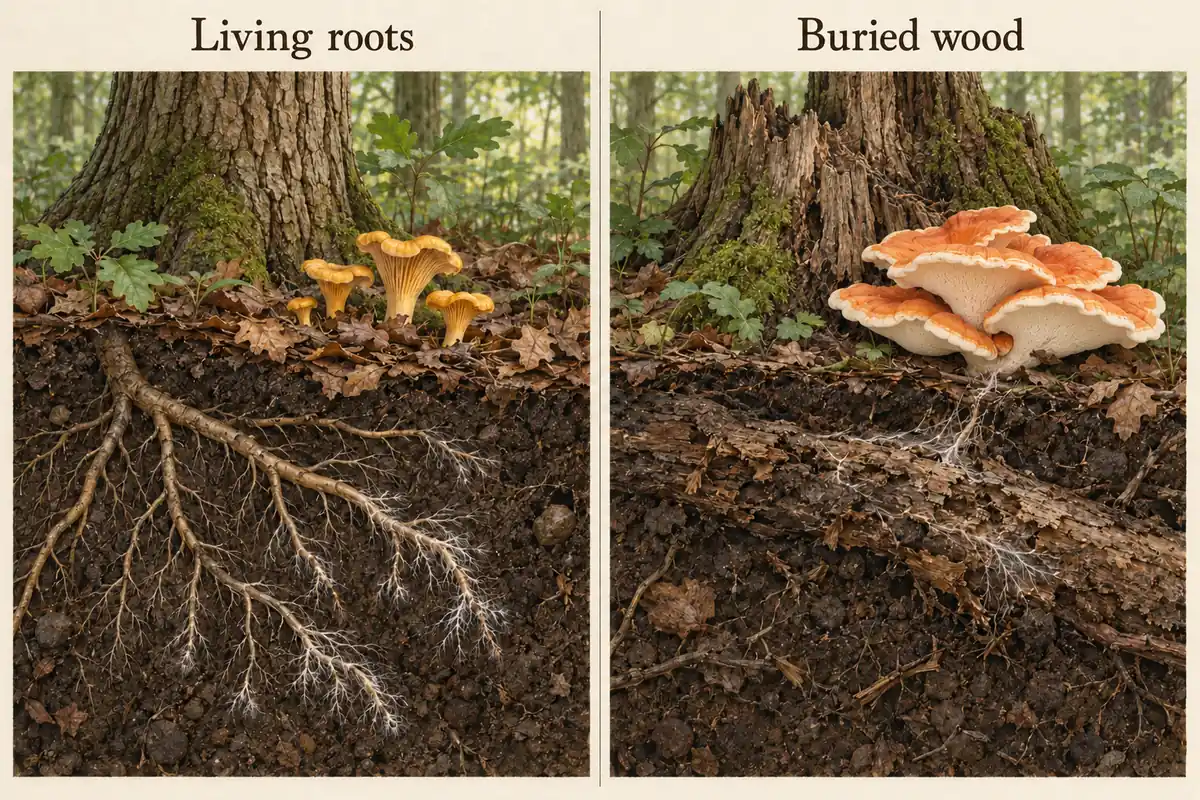 Woodland cutaways showing a fungus associated with living roots beside a fungus using buried dead oak wood