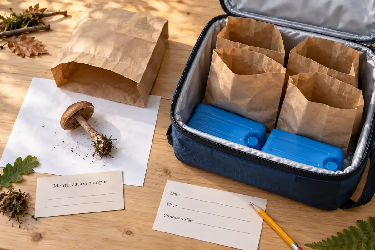 Intact mushroom with its base beside a separate open paper bag and habitat note, with clean sample bags and an open cooler