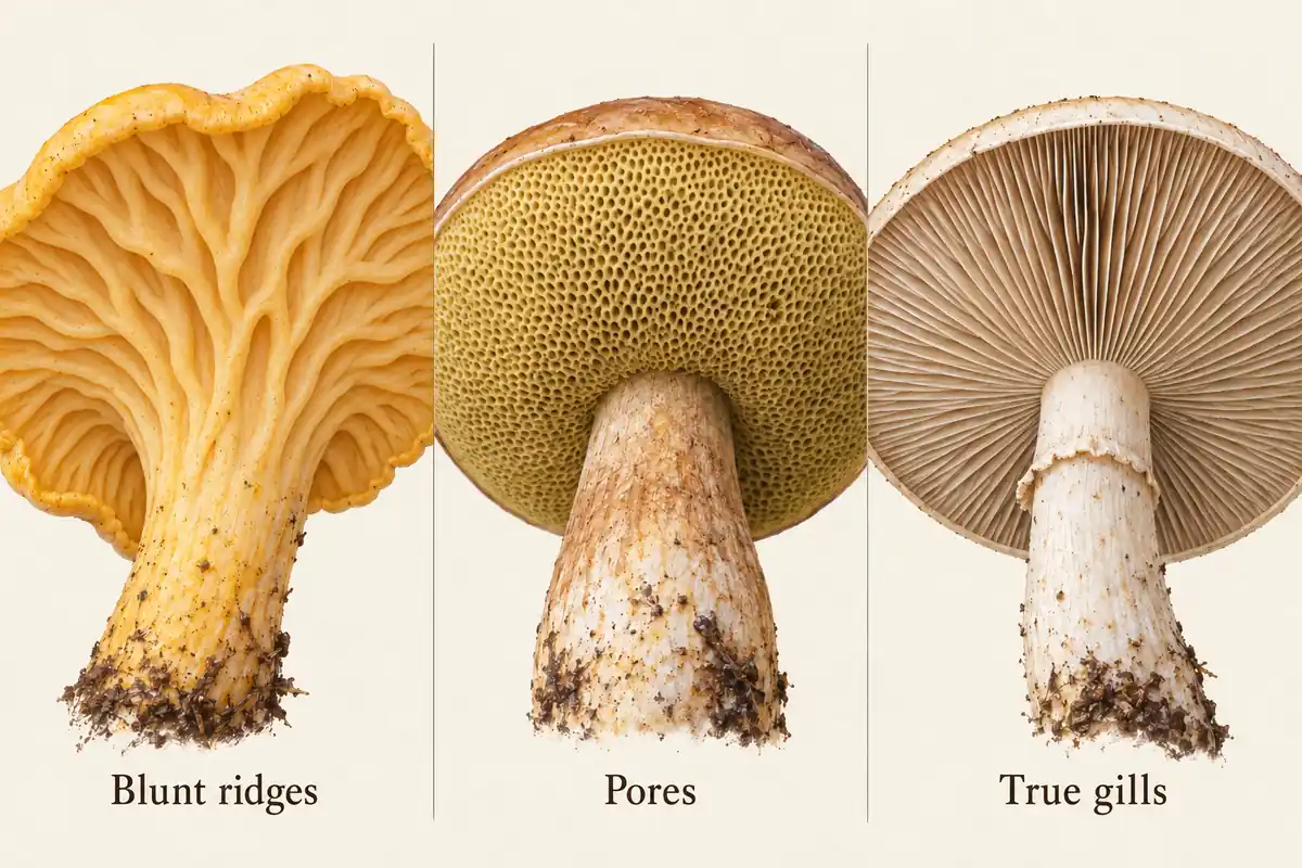 Comparison of blunt chanterelle ridges, small bolete pores and thin true gills beneath three mushroom caps