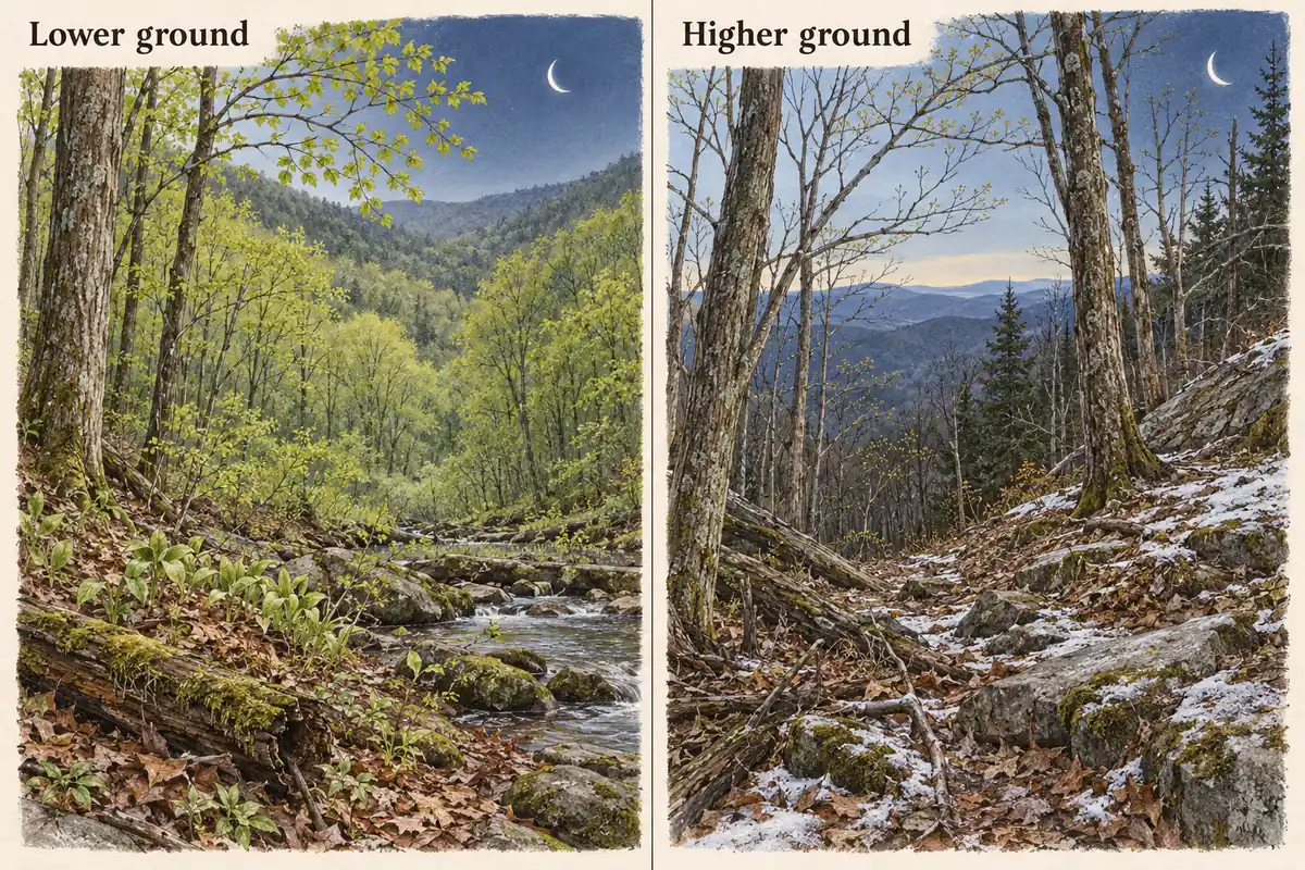 Illustrated low spring woodland beside a frosty higher wooded slope