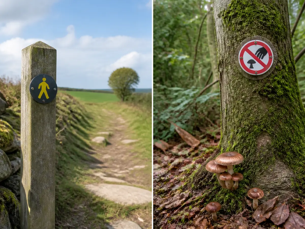 Public walking-access marker beside a separate protected-site notice prohibiting fungi collection