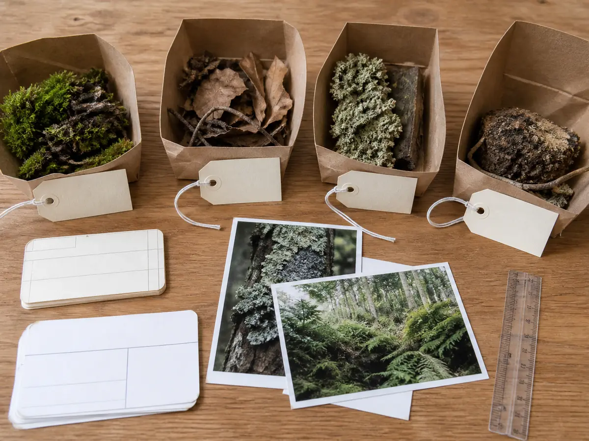 Separate paper containers, field cards, and photographs arranged after a UK woodland walk