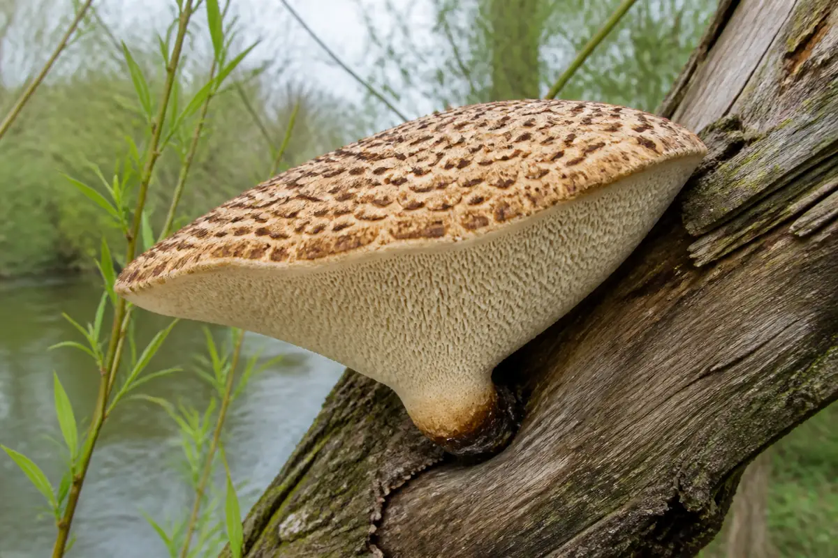 Fresh dryad's saddle on willow beside a stream, showing the scaly tan cap, large pale pores, short darkening stem base, and direct attachment