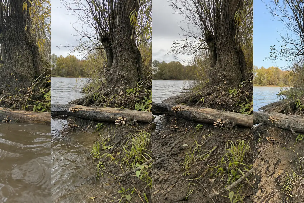 Same willow bank shown at high water, early recession, stable damp conditions, and later drying