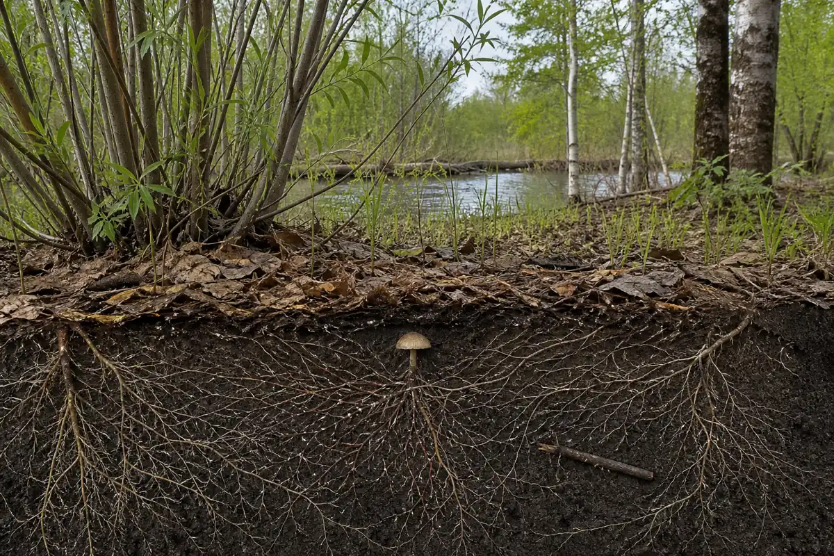 Soil mushroom beneath willow with alder and birch nearby, showing overlapping root zones and a buried twig test