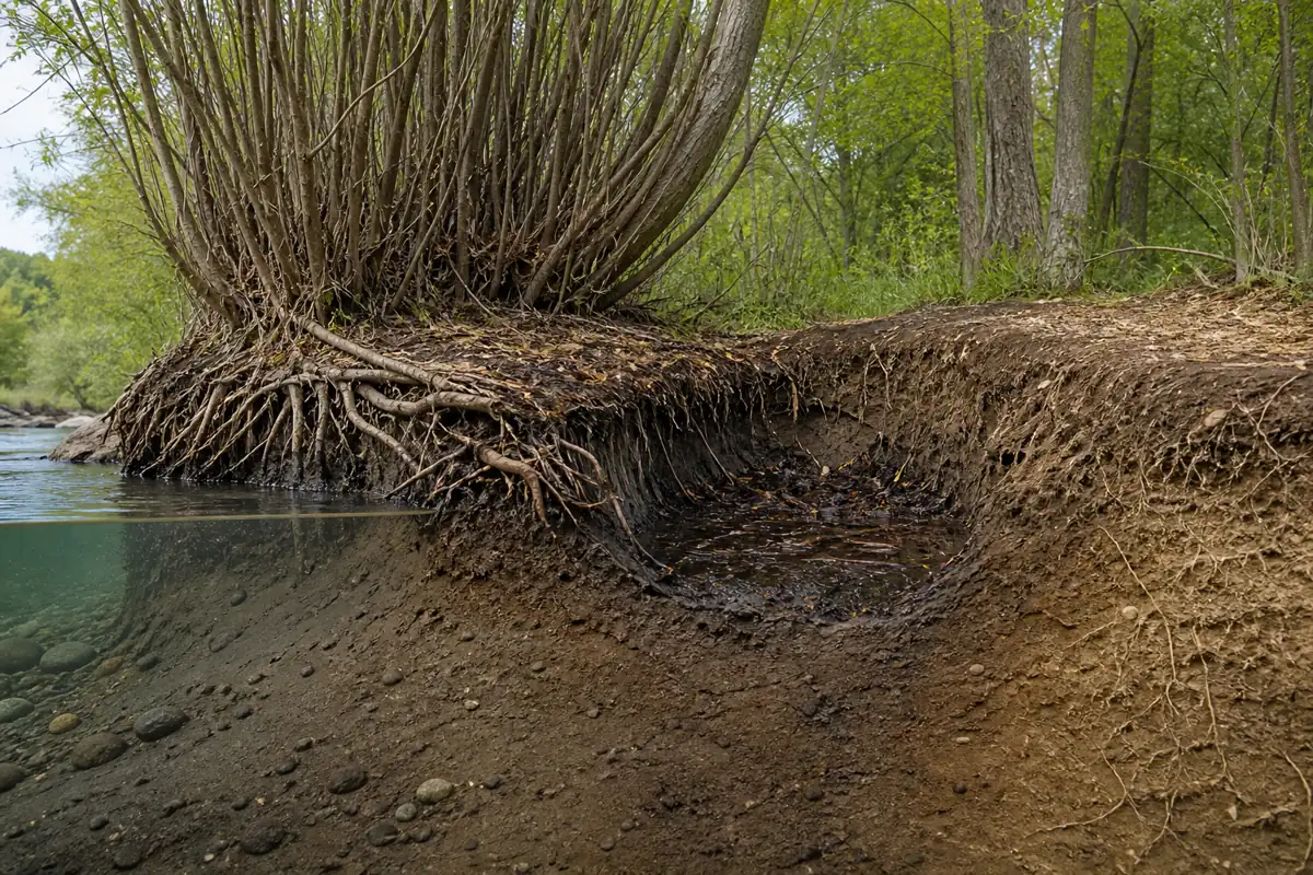 Streambank cross-section from active channel through willow root shelf and backwater hollow to upper terrace