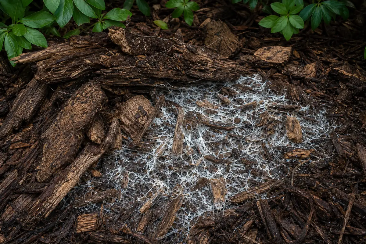 White wine cap mycelium binding damp hardwood chips below the surface of a garden bed