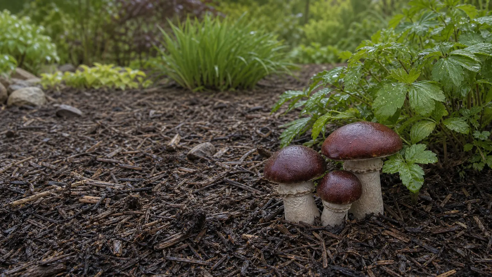 Wine cap mushrooms fruiting in a damp hardwood-chip garden bed