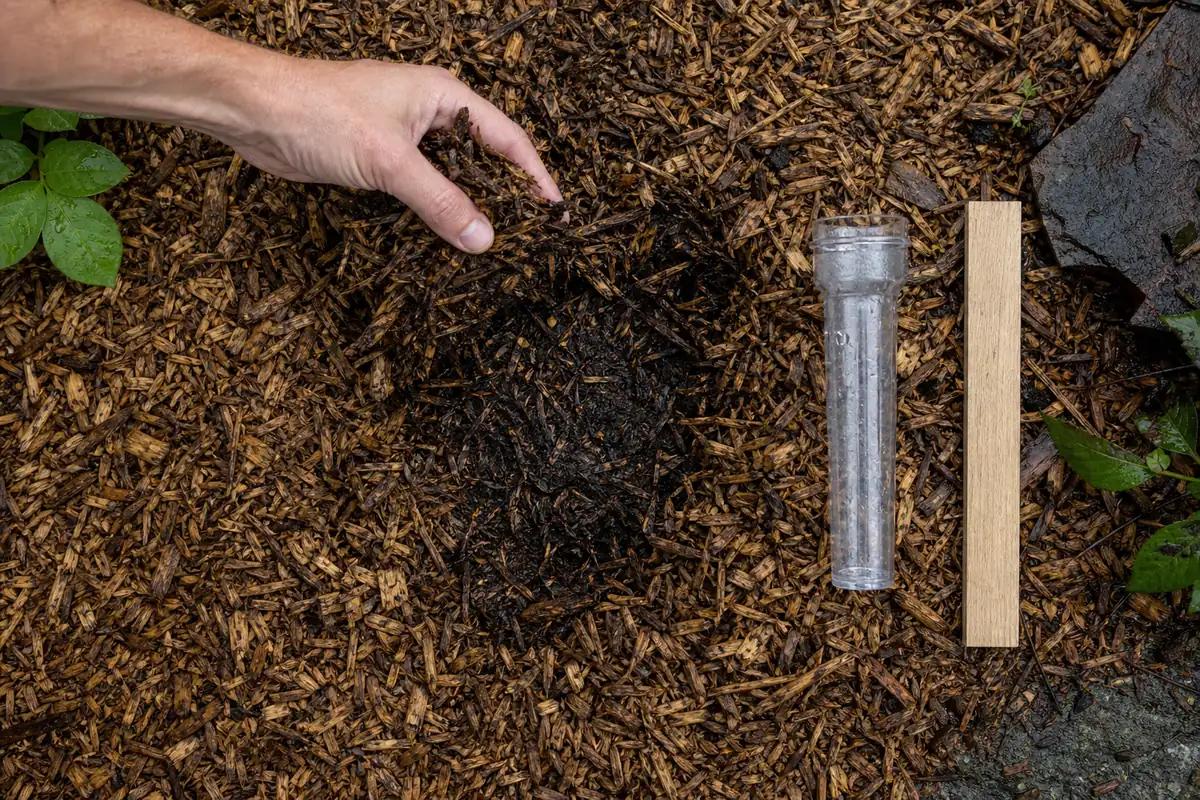 A hand lifting hardwood chips beside a rain gauge and ruler to check moisture deeper in a wine cap bed