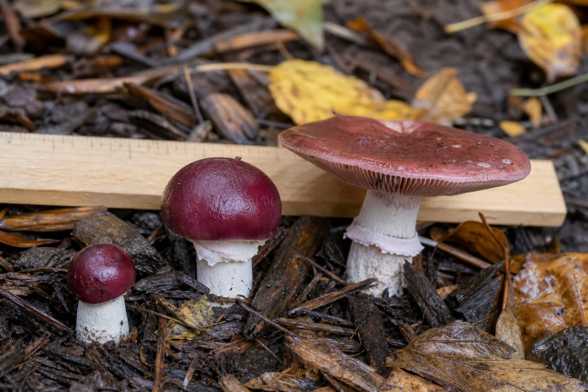 Wine cap mushrooms shown as a small button, a compact burgundy cap, and a broad opened cap beside a wooden ruler