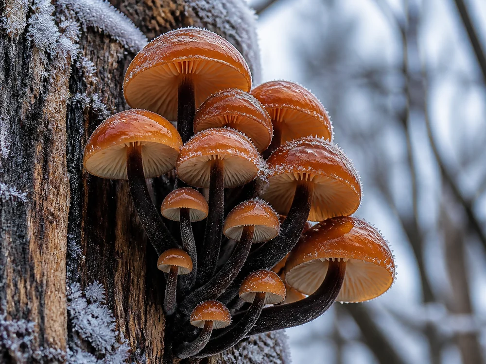A cluster of sticky orange-brown capped mushrooms on frosted hardwood with dark velvety stem bases