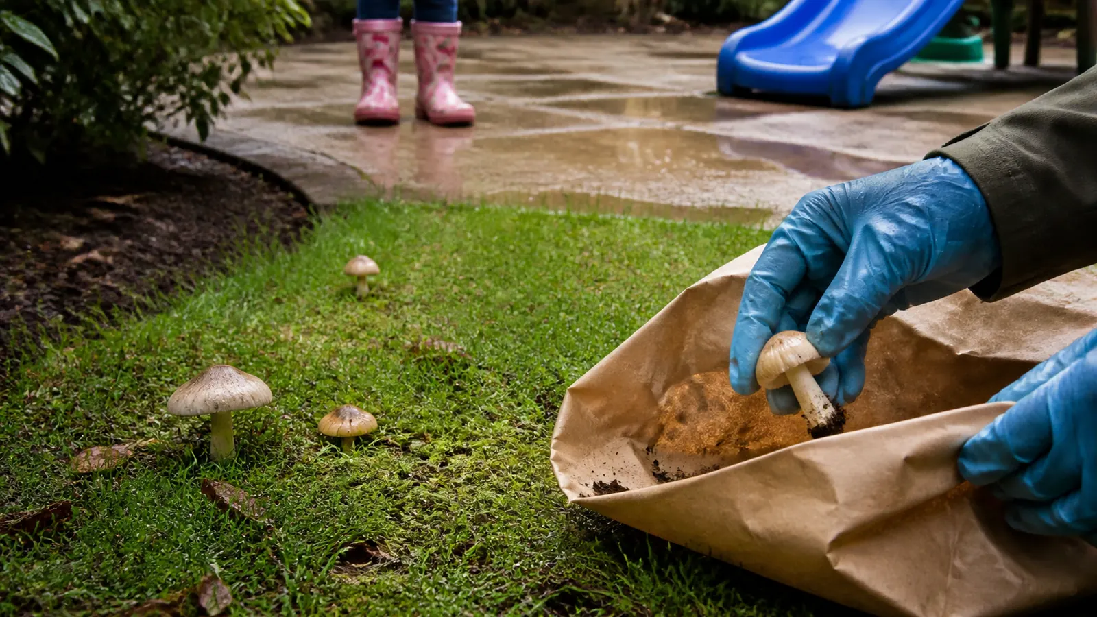 Adult checking a wet home lawn for mushrooms while a young child waits safely behind a patio gate