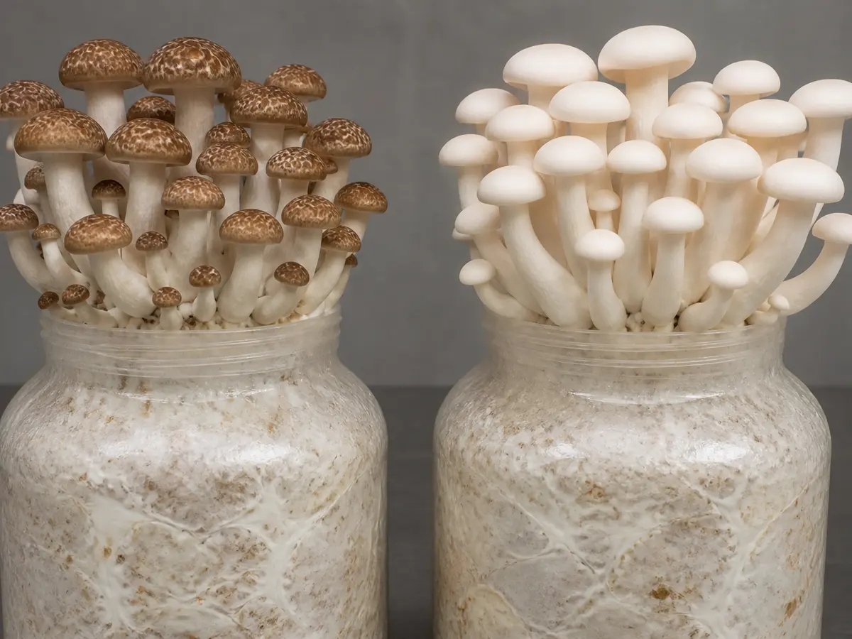 Brown and white cultivated beech mushroom clusters shown at matched scale