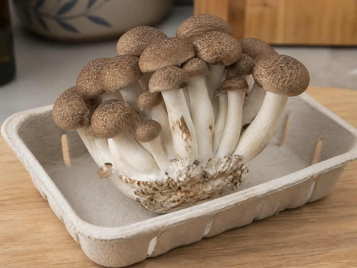 Intact harvested brown beech mushroom cluster in a breathable tray