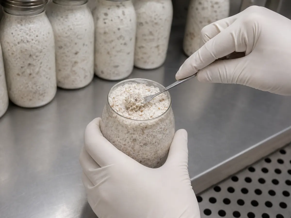 A mature upright beech mushroom bottle receives a shallow surface scratch at its open top