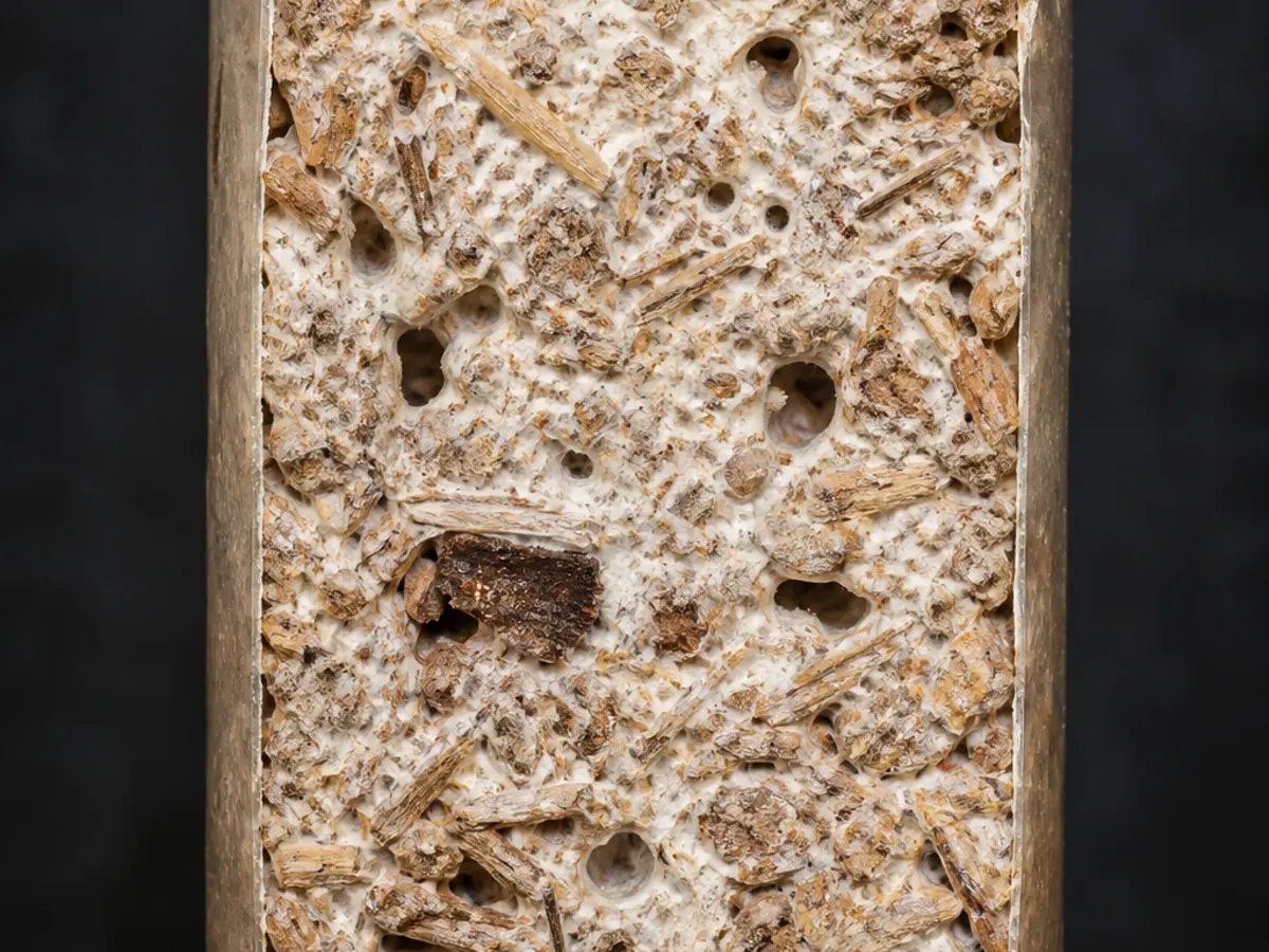 Cross-section of bound woody particles and air spaces in colonized beech mushroom bottle substrate