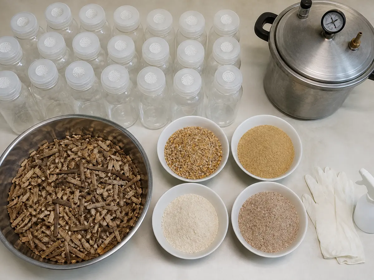 Filter bottles, woody materials, supplements, pressure vessel, and hygiene tools arranged before a beech mushroom grow