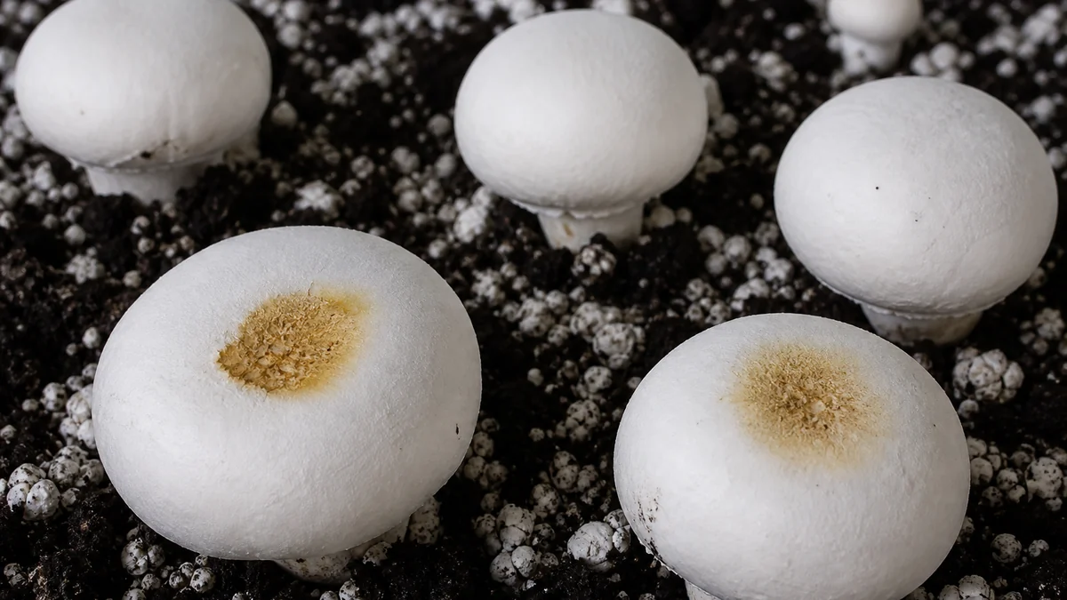 Cultivated white mushroom caps on a growing bed with two marked by sunken yellow-brown blotches