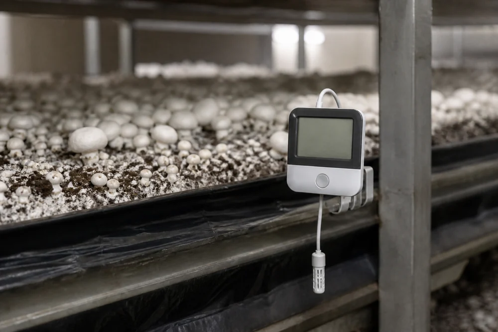 A small digital humidity and temperature meter clipped at bed level inside a mushroom grow room with its probe hanging just above the casing layer
