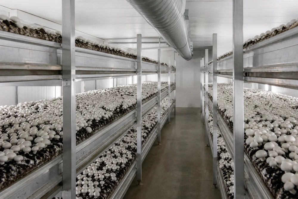 A clean commercial mushroom growing room with tiered fruiting beds of white mushrooms under even indirect light and a ventilation duct overhead
