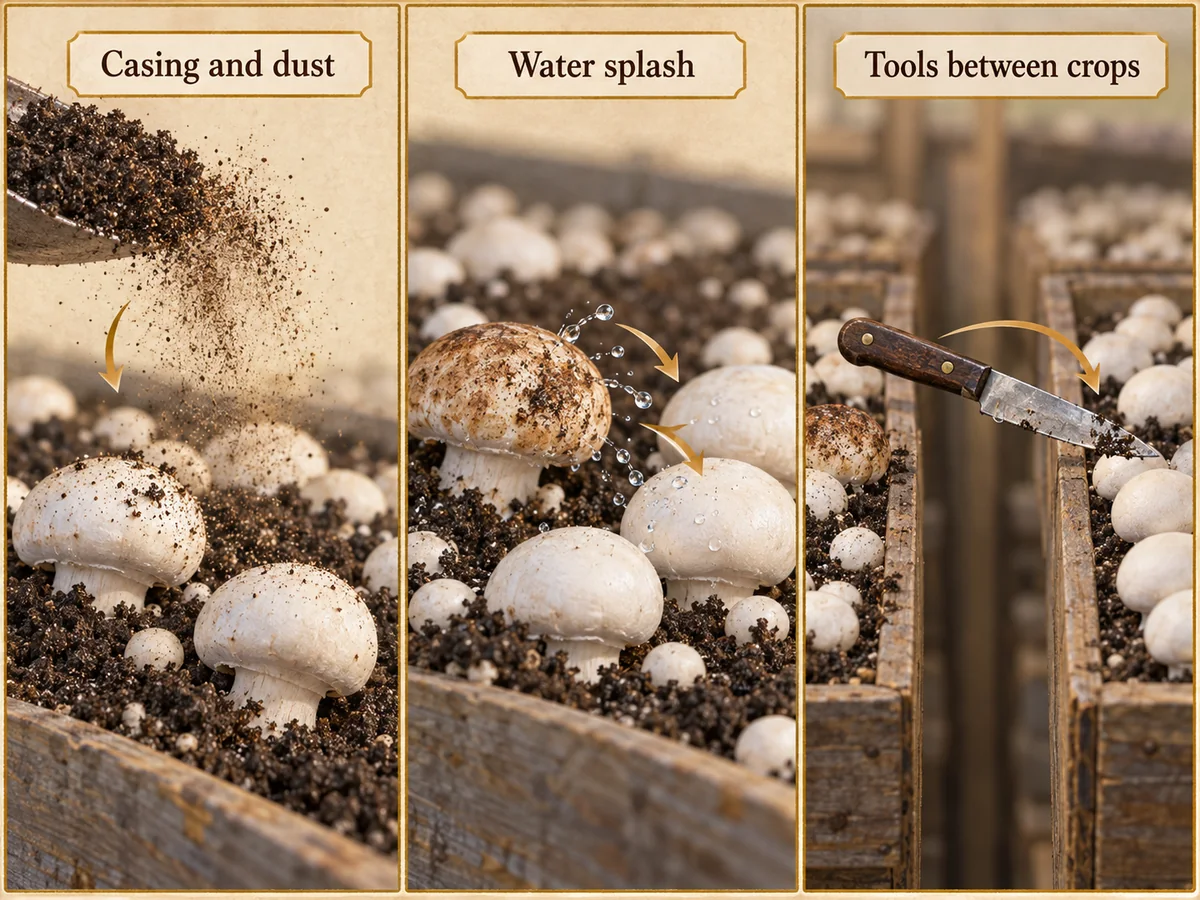 Illustrated crop scenes showing casing dust, irrigation splash and a harvest tool moving between trays