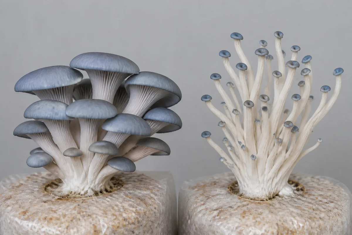 Broad blue-gray oyster caps beside a high-carbon-dioxide cluster with long stems and tiny caps