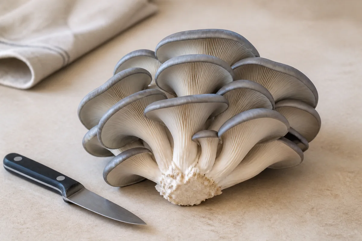 Whole harvest-ready blue oyster cluster with expanded blue-gray caps and a joined base