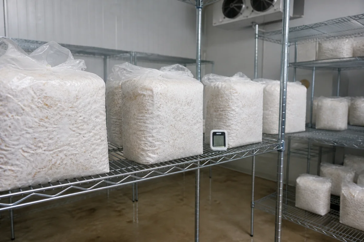 Fully colonized blue oyster blocks entering a cool lit fruiting room