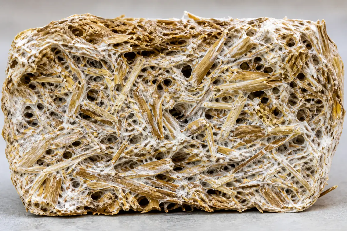 Cross-section of a blue oyster straw block with connected white mycelium and fine air spaces