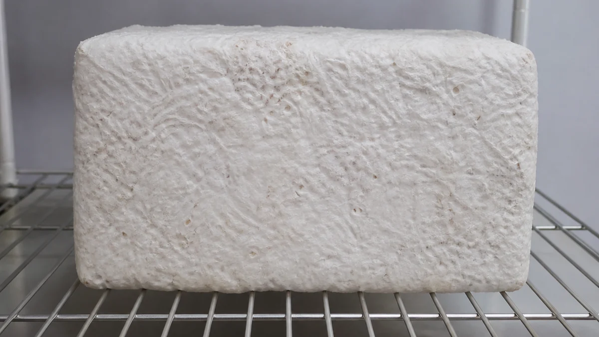 A fully colonized rectangular substrate block covered in dense solid white mycelium