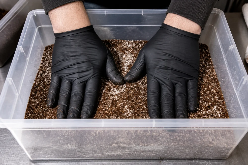 Gloved hands pressing a layer of brown substrate flat into a clear plastic monotub on a workbench with spawn visible mixed through the material