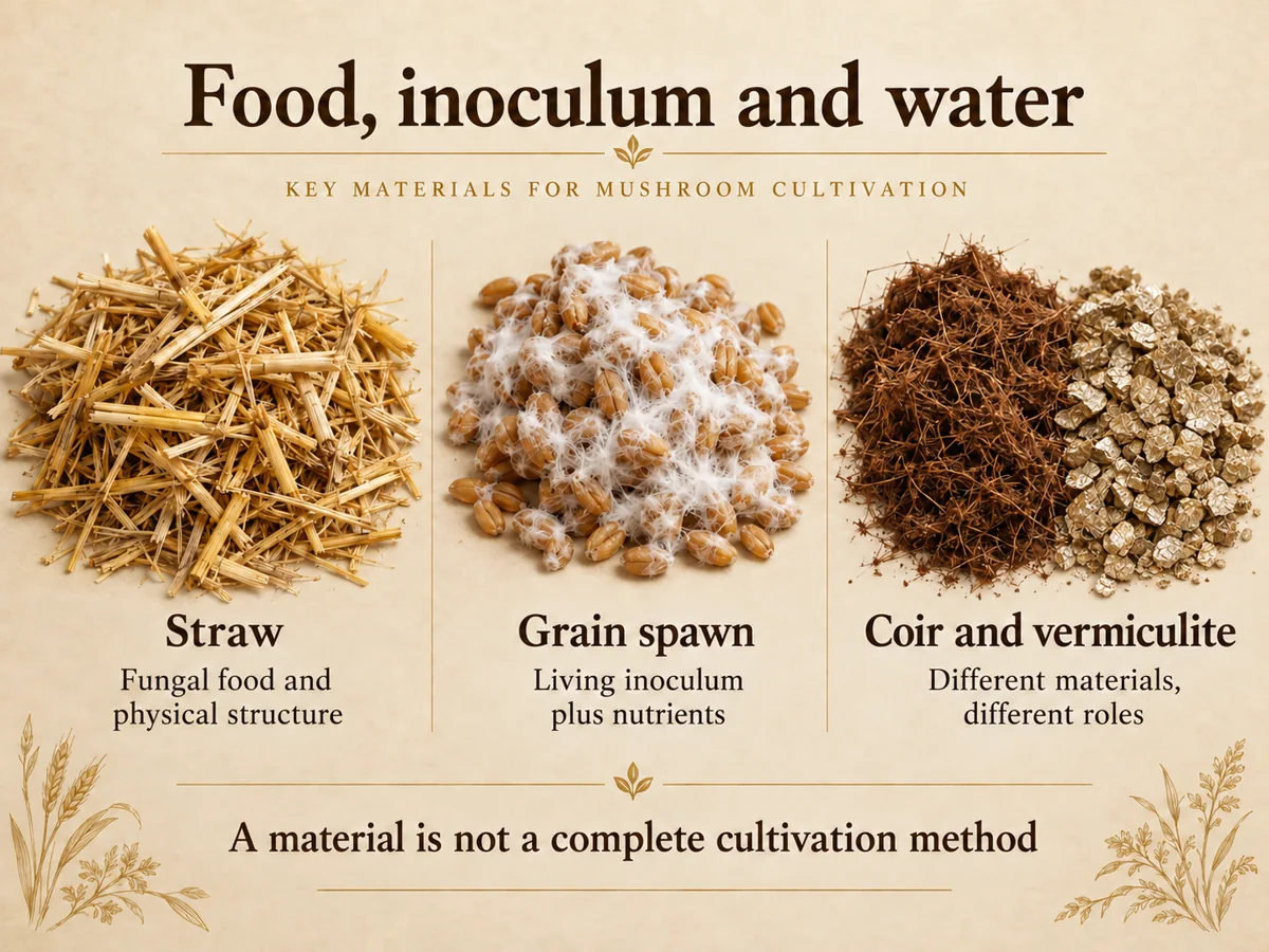 Straw, colonized grain, coconut coir and vermiculite shown as separate materials