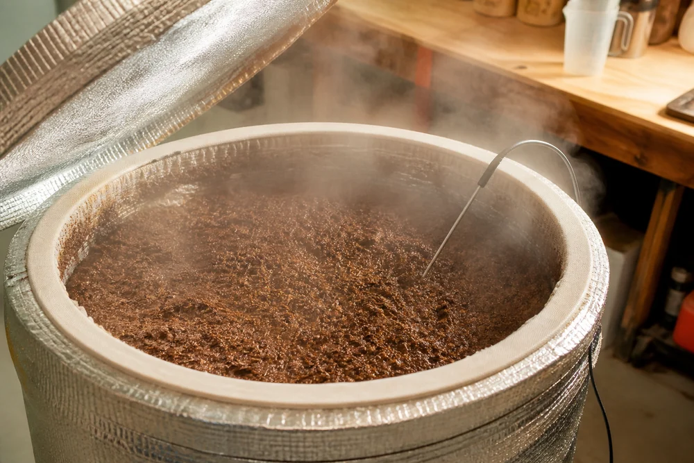 A large insulated tub of steaming brown substrate with a thermometer probe inserted and the lid partly off in a home workshop