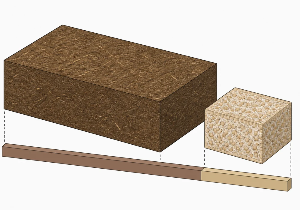 An isometric diagram showing a large block of substrate beside a smaller block of grain spawn with proportional segments and a colored divider between them