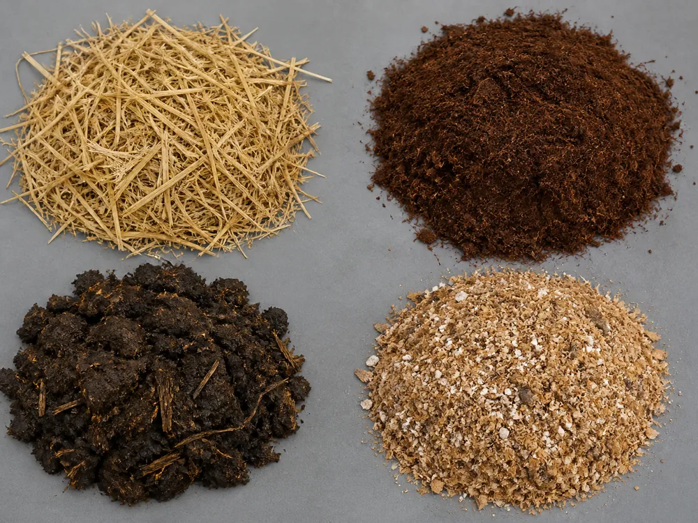 Four separate piles of mushroom growing substrate on a clean gray surface, pale straw, dark brown coir, composted manure and a mixed supplemented sawdust blend
