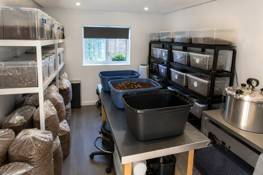 A home mushroom cultivation workspace with mixing tubs, bags of coir, a pressure cooker and monotubs on shelves, clean and organized