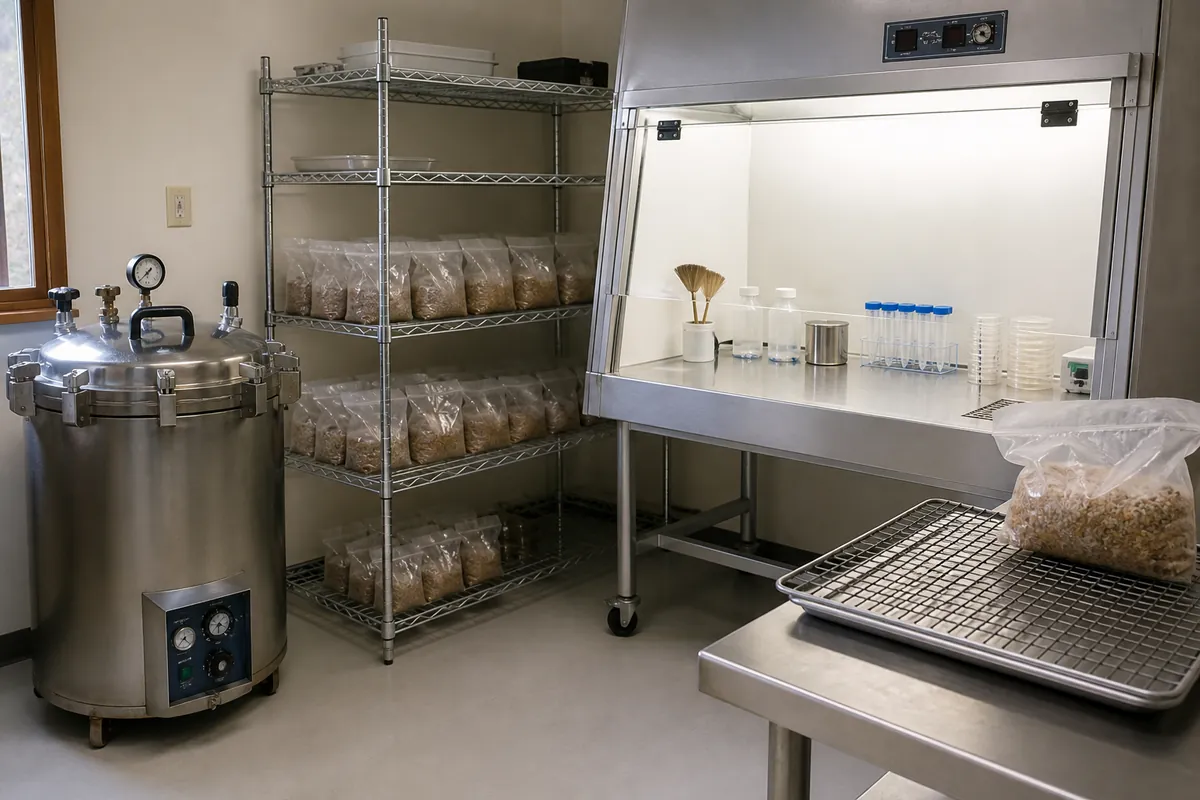 Small mushroom clean-work area with sterilizer, clean bench, cooling rack, and sealed spawn