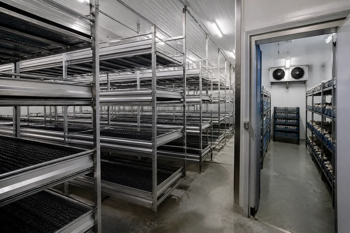 Finished compact mushroom fruiting room with clean racks and cold storage before crop arrival