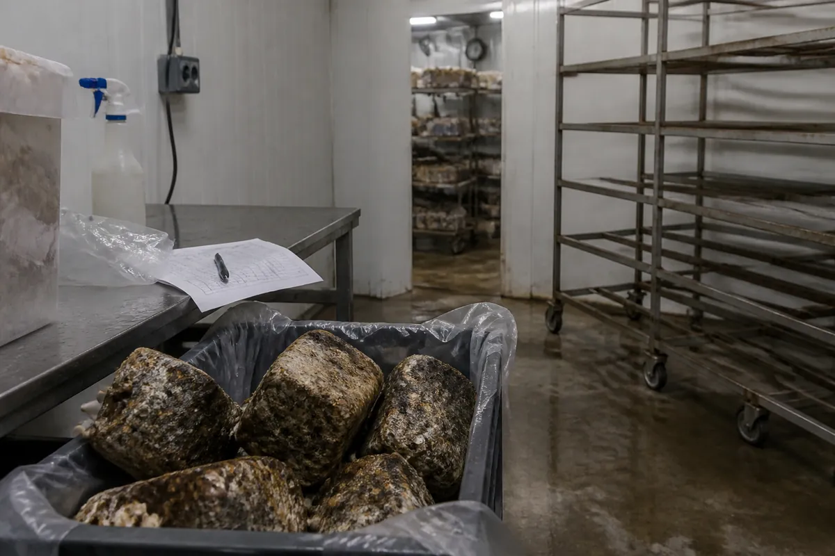 Idle mushroom rack, failed blocks, and repair paperwork during farm commissioning