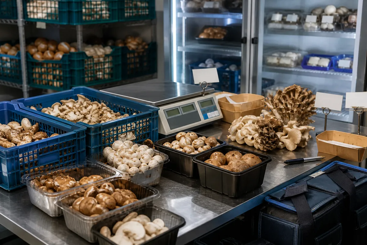 Scale, crates, mushroom packaging, cooler shelves, and delivery totes at an organized packing bench