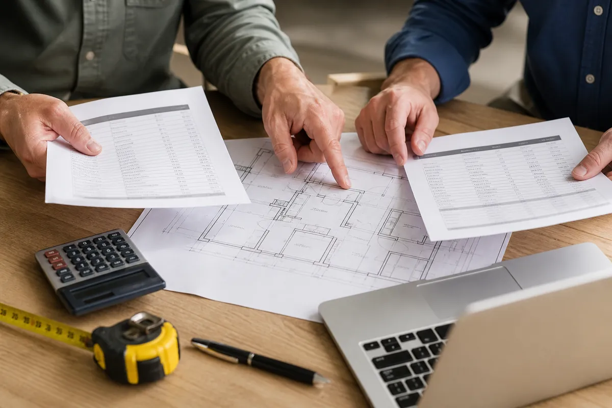 Hands comparing mushroom farm equipment quotes, specifications, floor plan, and calculator