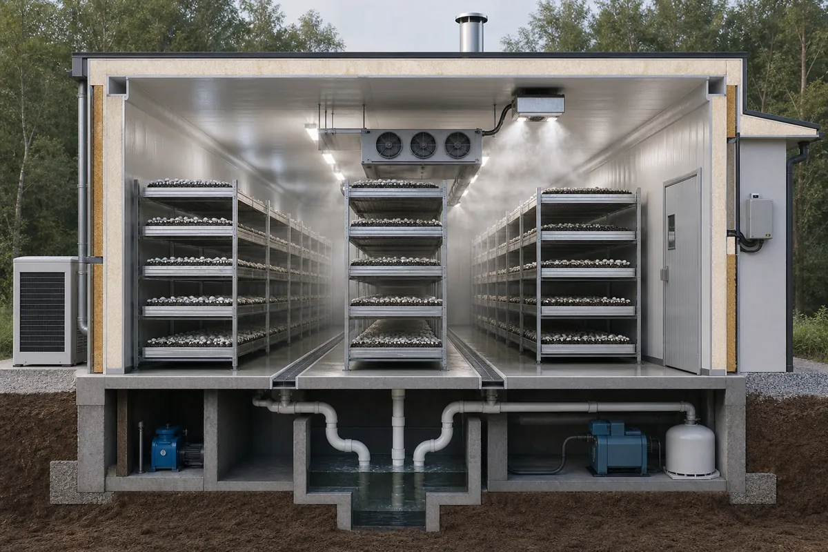 Mushroom fruiting room cutaway showing insulation, drainage, cooling, humidification, ventilation, and racks
