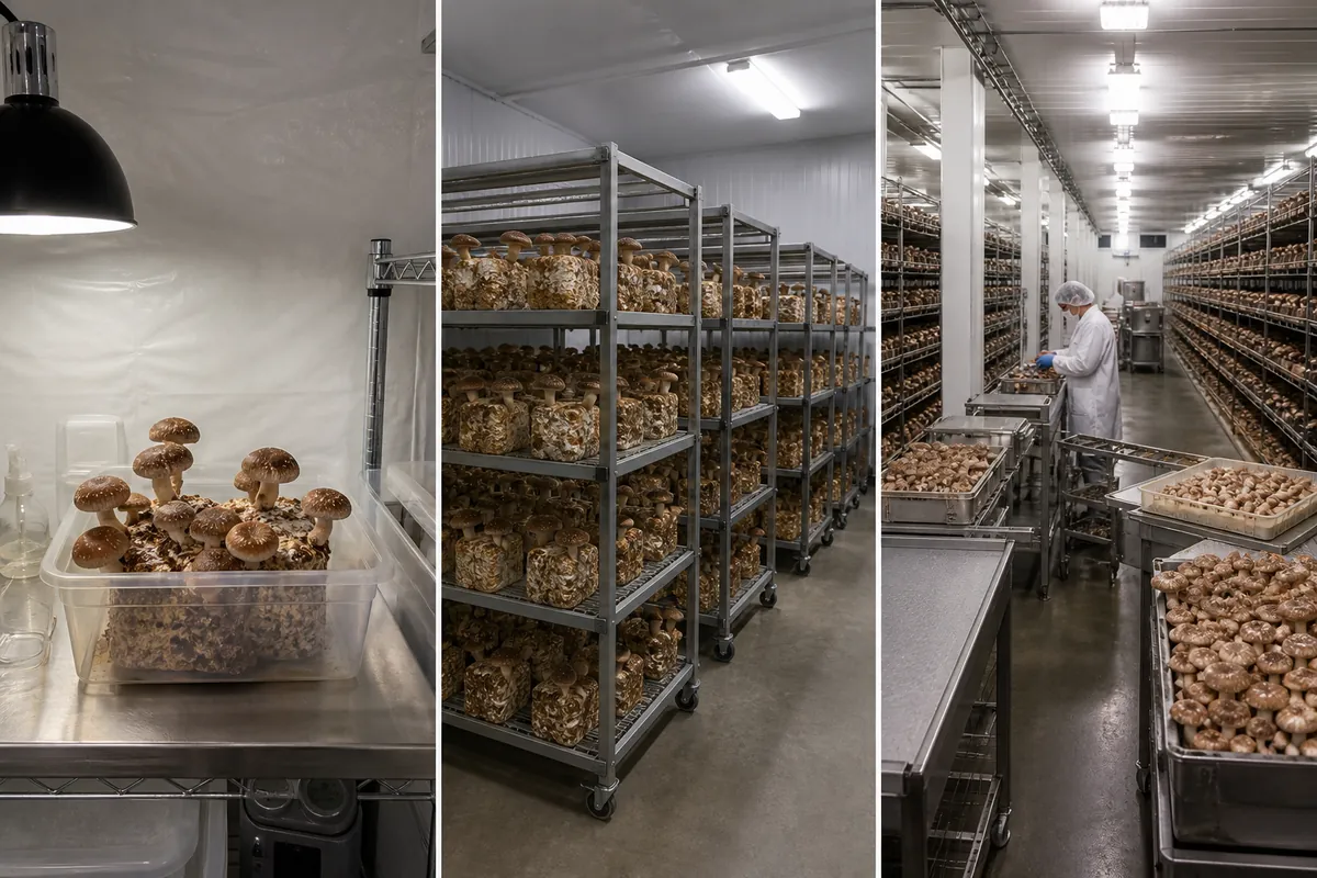 Micro fruiting pilot, ready-block farm, and integrated mushroom production site shown at different scales